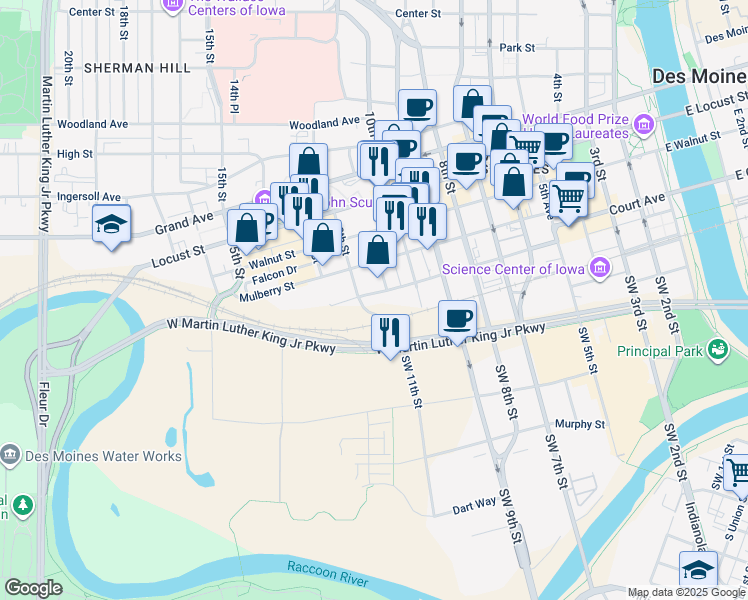 map of restaurants, bars, coffee shops, grocery stores, and more near 111 11th Street in Des Moines