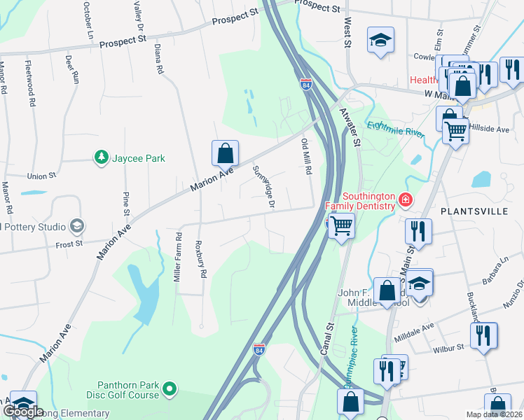 map of restaurants, bars, coffee shops, grocery stores, and more near 74 Sunnyridge Drive in Southington