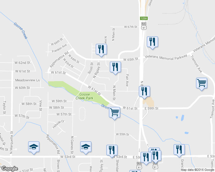 map of restaurants, bars, coffee shops, grocery stores, and more near 6117 West 61st Place in Davenport