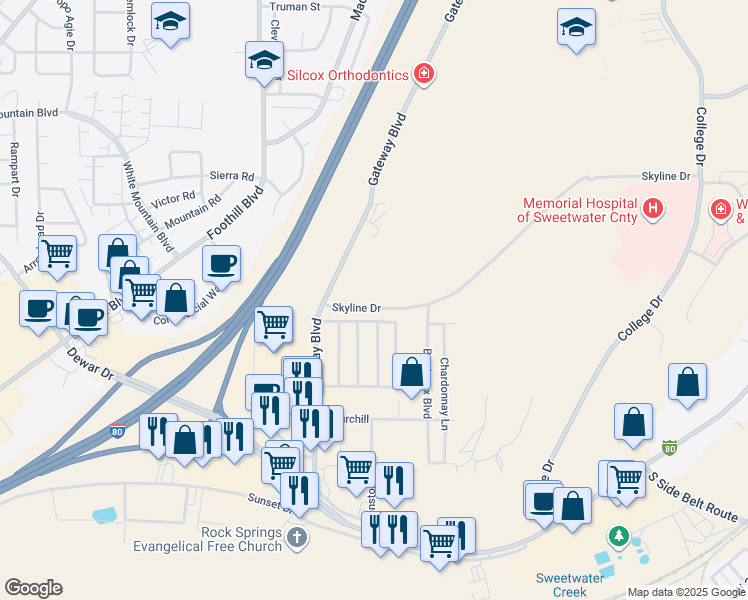 map of restaurants, bars, coffee shops, grocery stores, and more near 125 Skyline Drive in Rock Springs