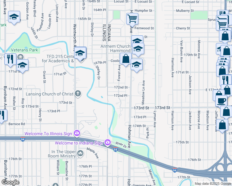 map of restaurants, bars, coffee shops, grocery stores, and more near 7220 Forest Avenue in Hammond