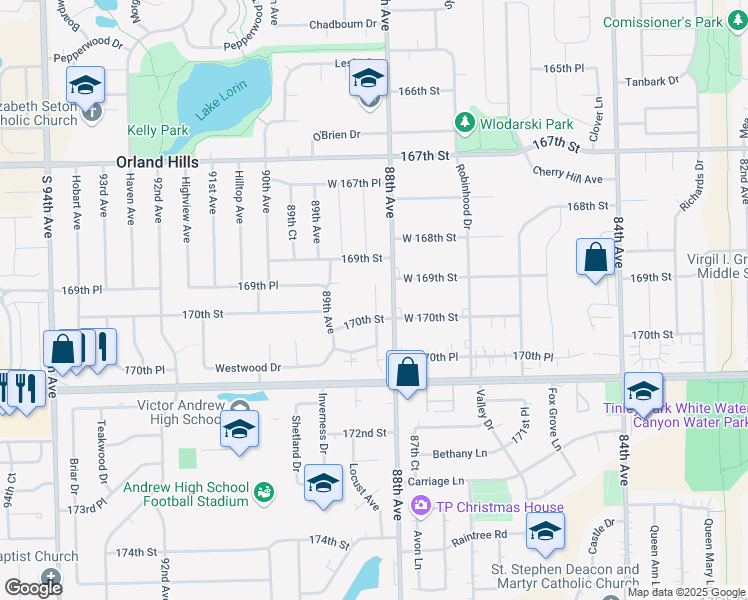map of restaurants, bars, coffee shops, grocery stores, and more near 16938 88th Court in Orland Hills