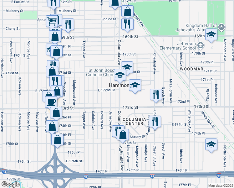 map of restaurants, bars, coffee shops, grocery stores, and more near 7212 Columbia Avenue in Hammond