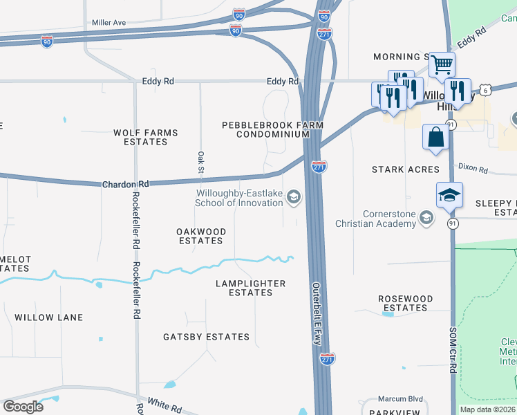 map of restaurants, bars, coffee shops, grocery stores, and more near 2871 Lamplight Lane in Willoughby Hills