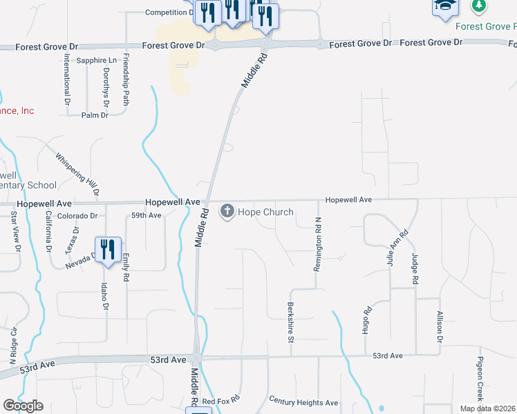 map of restaurants, bars, coffee shops, grocery stores, and more near Hopewell Avenue in Bettendorf