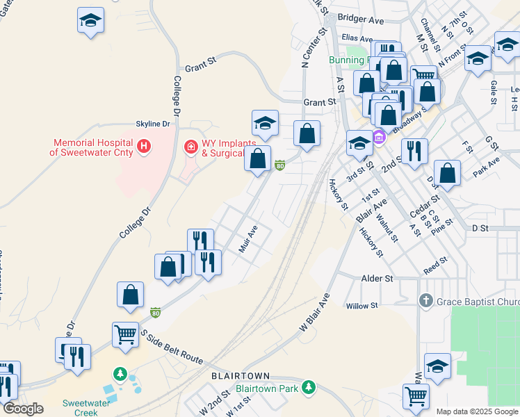 map of restaurants, bars, coffee shops, grocery stores, and more near 702 Interstate 80 Business Loop in Rock Springs