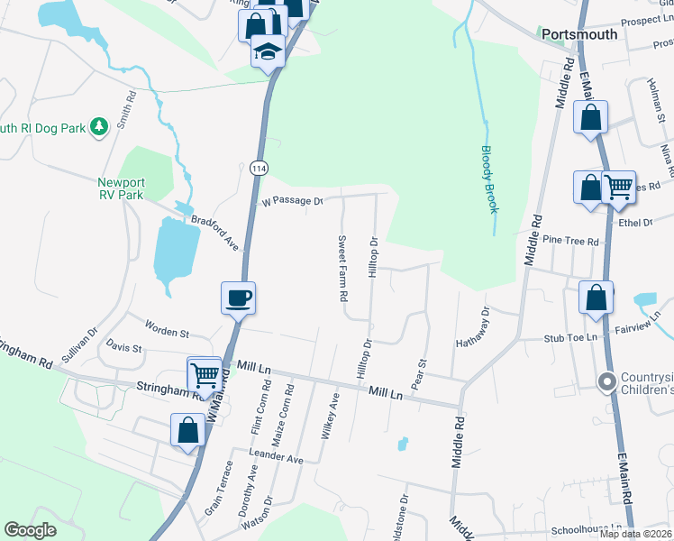 map of restaurants, bars, coffee shops, grocery stores, and more near 106 Sweet Farm Road in Portsmouth