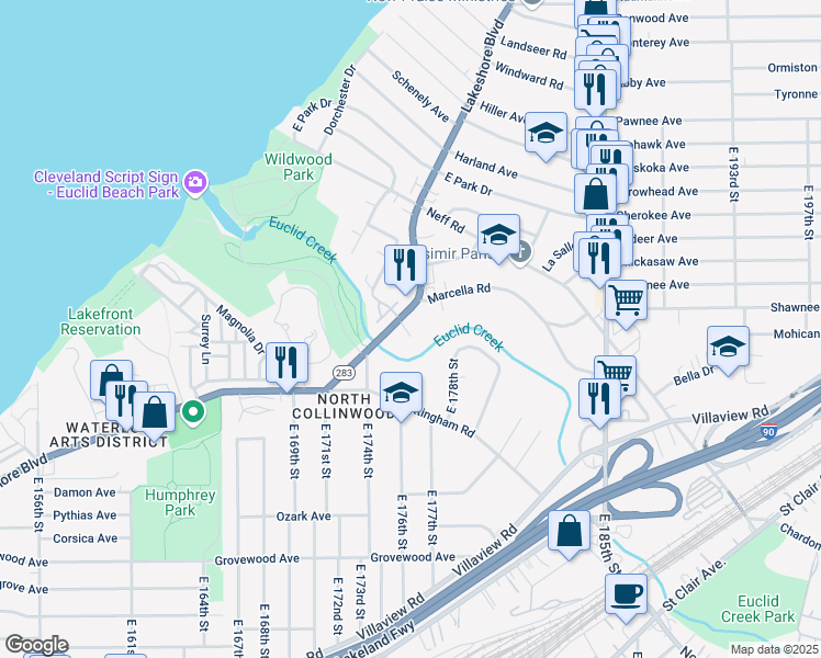 map of restaurants, bars, coffee shops, grocery stores, and more near 17622 Wildwood Lane in Cleveland
