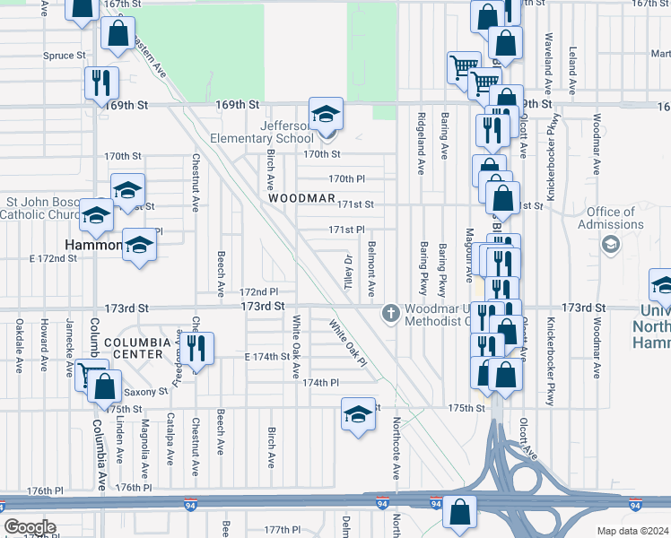 map of restaurants, bars, coffee shops, grocery stores, and more near 1630 172nd Street in Hammond