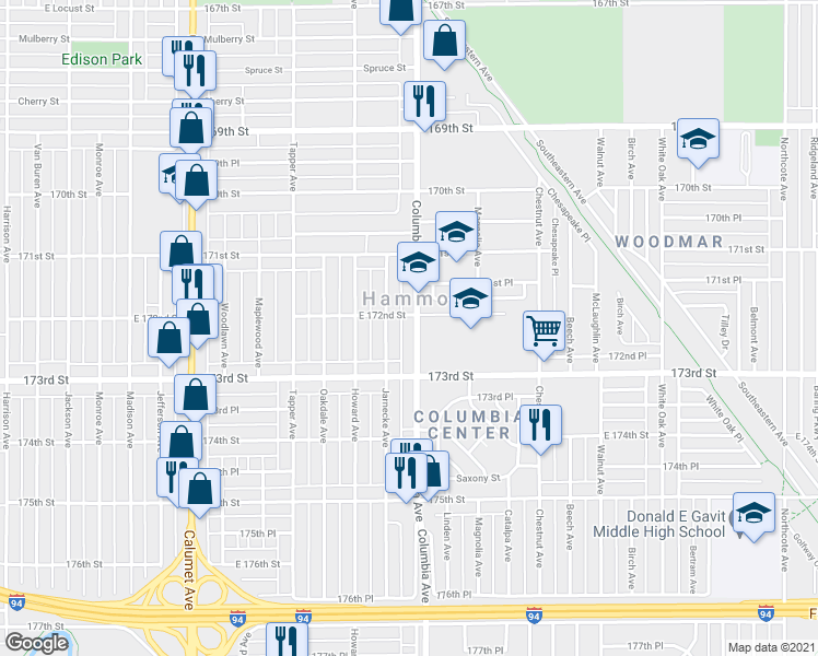 map of restaurants, bars, coffee shops, grocery stores, and more near 7149 Jarnecke Avenue in Hammond
