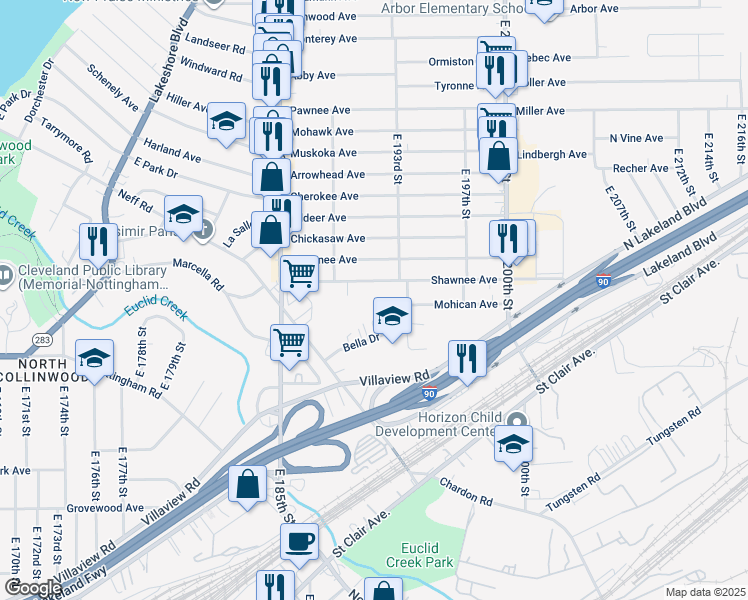 map of restaurants, bars, coffee shops, grocery stores, and more near 19102 Shawnee Avenue in Cleveland