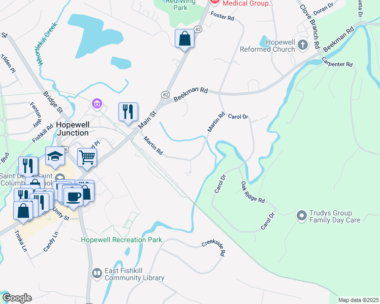 map of restaurants, bars, coffee shops, grocery stores, and more near 126 Martin Road in Hopewell Junction