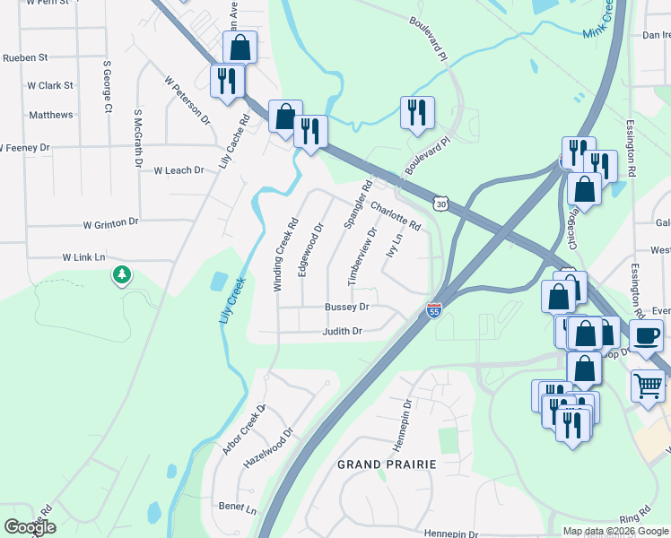 map of restaurants, bars, coffee shops, grocery stores, and more near 16537 Spangler Road in Plainfield