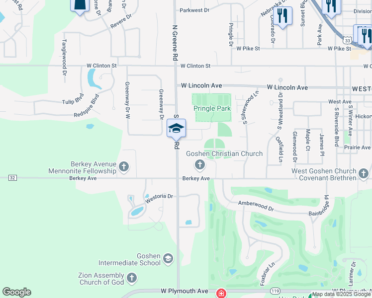 map of restaurants, bars, coffee shops, grocery stores, and more near 412 South Greene Road in Goshen