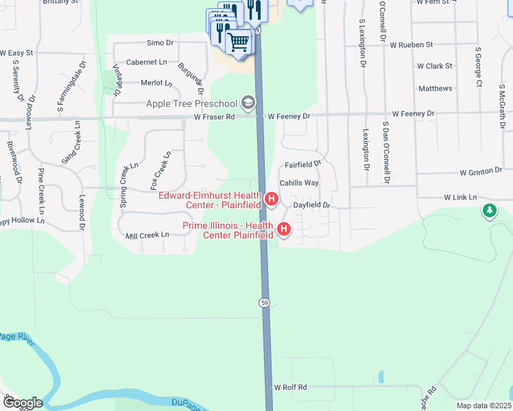 map of restaurants, bars, coffee shops, grocery stores, and more near 24000 Dayfield Drive in Plainfield
