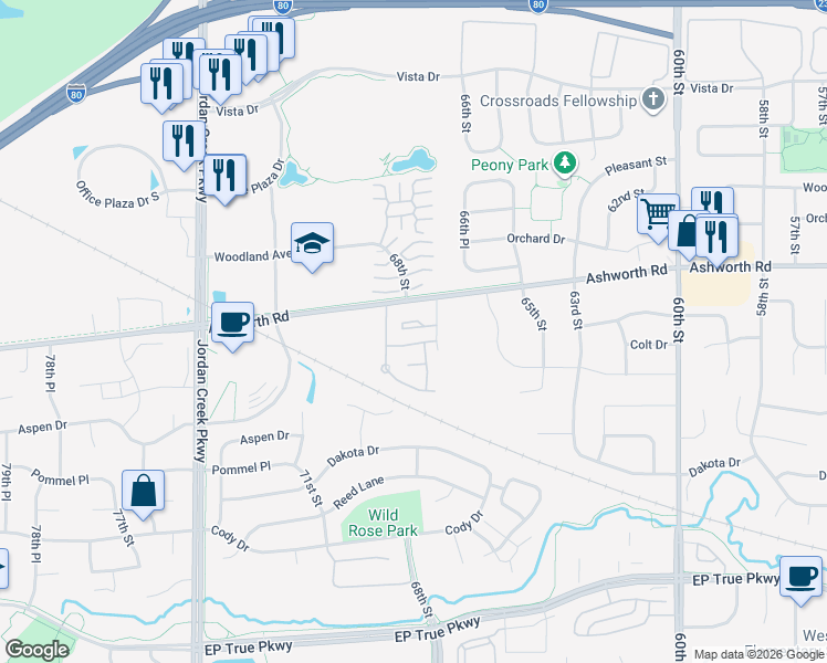 map of restaurants, bars, coffee shops, grocery stores, and more near 950 67th Street in West Des Moines