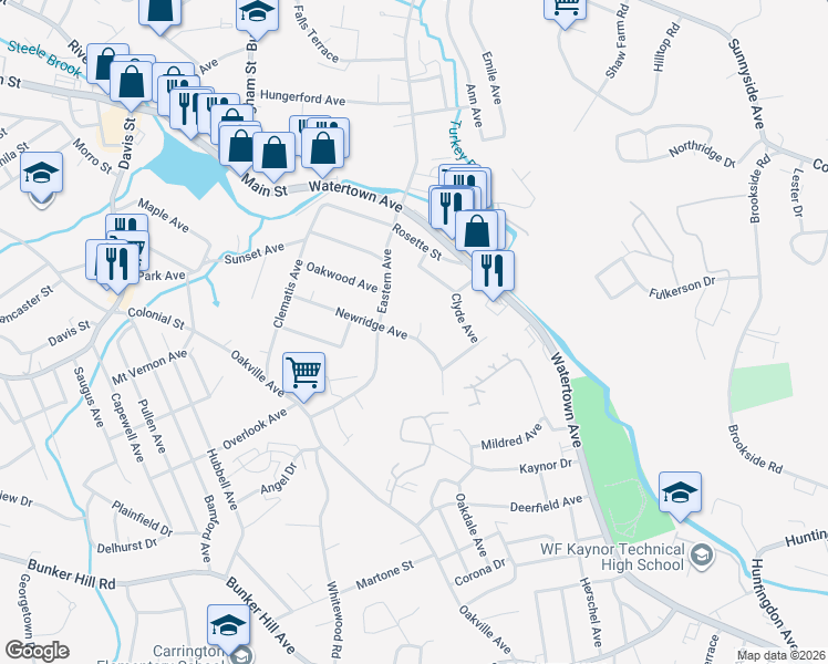 map of restaurants, bars, coffee shops, grocery stores, and more near 284 Newridge Avenue in Waterbury