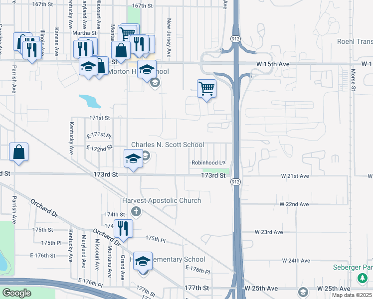 map of restaurants, bars, coffee shops, grocery stores, and more near 7204 Ohio Avenue in Hammond