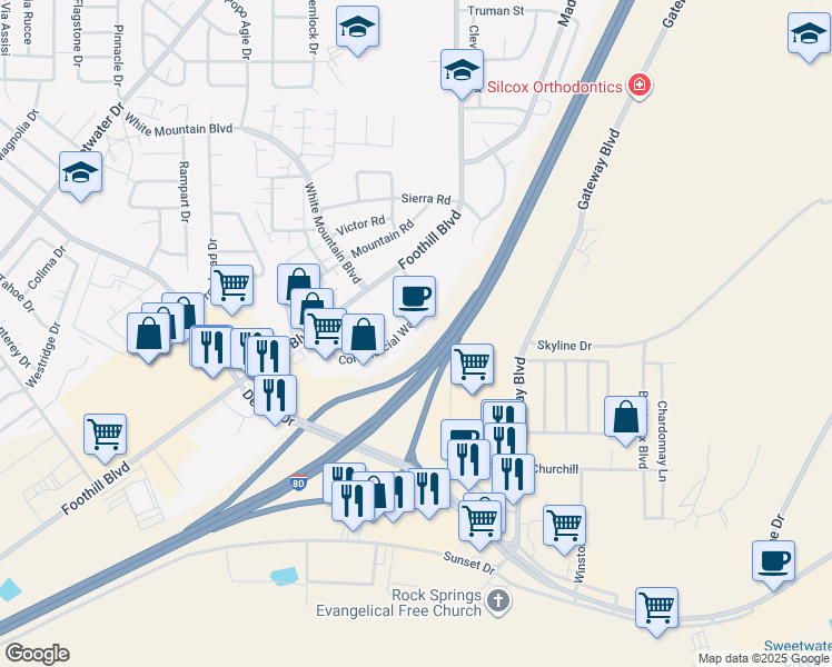 map of restaurants, bars, coffee shops, grocery stores, and more near 2714 Commercial Way in Rock Springs