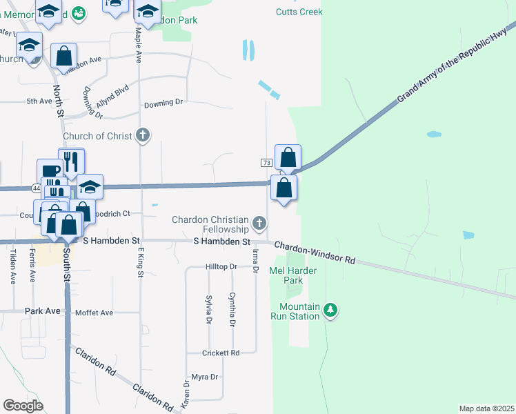 map of restaurants, bars, coffee shops, grocery stores, and more near 112 Grant Street in Chardon