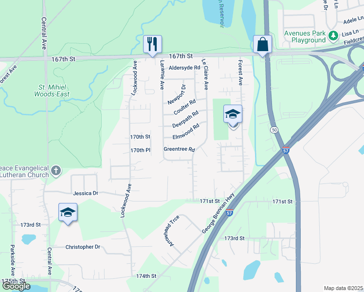 map of restaurants, bars, coffee shops, grocery stores, and more near 5148 Greentree Road in Oak Forest