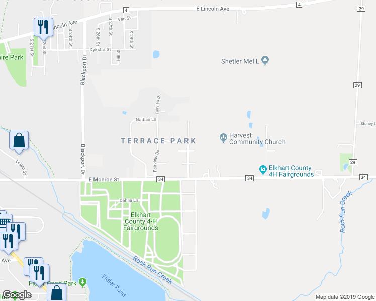 map of restaurants, bars, coffee shops, grocery stores, and more near 17499 North Drive in Goshen