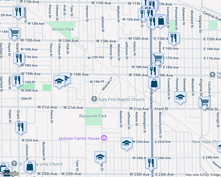 map of restaurants, bars, coffee shops, grocery stores, and more near 1944 Monroe Lane in Gary