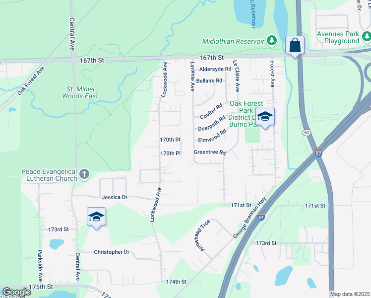 map of restaurants, bars, coffee shops, grocery stores, and more near 16932 Laramie Avenue in Oak Forest