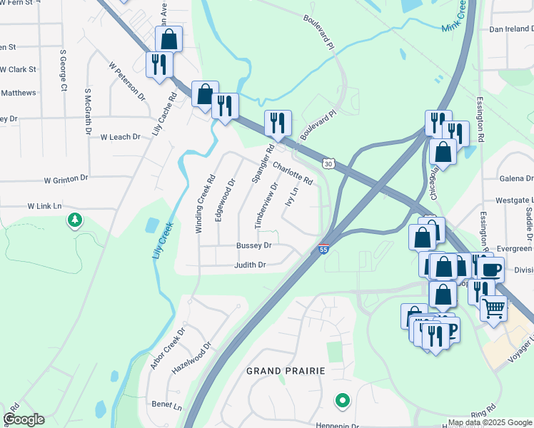 map of restaurants, bars, coffee shops, grocery stores, and more near 16520 Timberview Drive in Plainfield