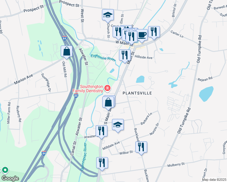 map of restaurants, bars, coffee shops, grocery stores, and more near 950 Main Street in Meriden