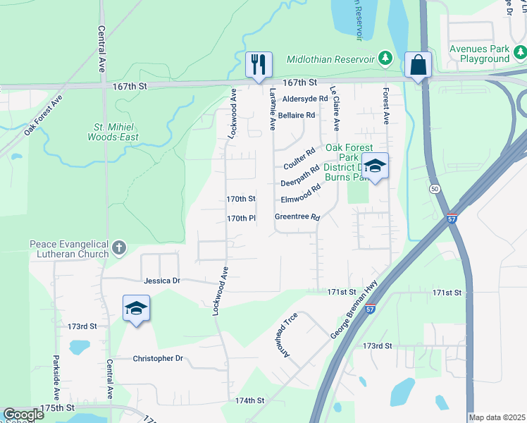 map of restaurants, bars, coffee shops, grocery stores, and more near 16932 Laramie Avenue in Oak Forest