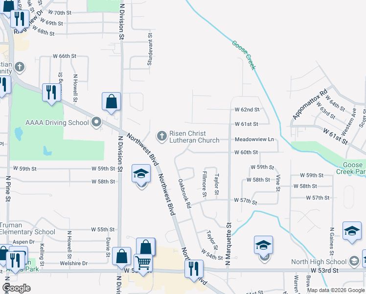 map of restaurants, bars, coffee shops, grocery stores, and more near 5960 Oakbrook Road in Davenport