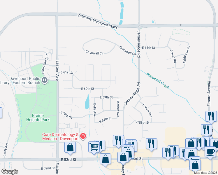 map of restaurants, bars, coffee shops, grocery stores, and more near 2284 East 60th Street in Davenport