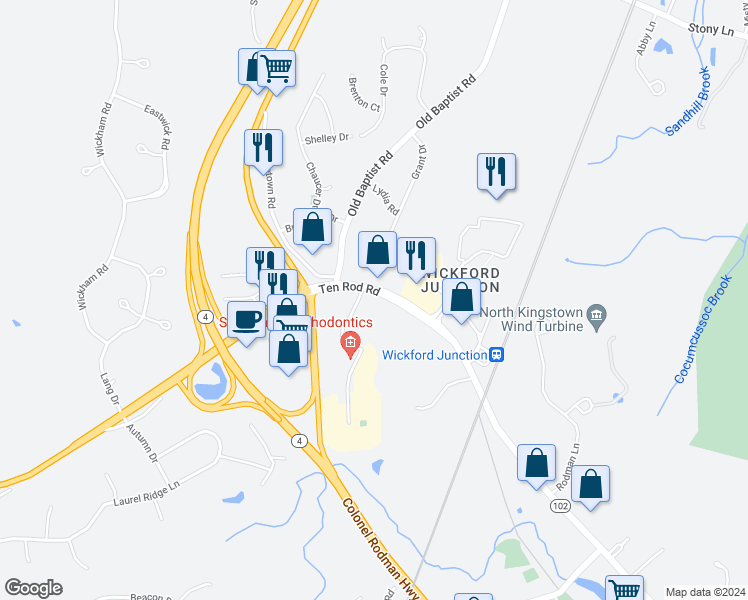 map of restaurants, bars, coffee shops, grocery stores, and more near 1130 Ten Rod Road in North Kingstown