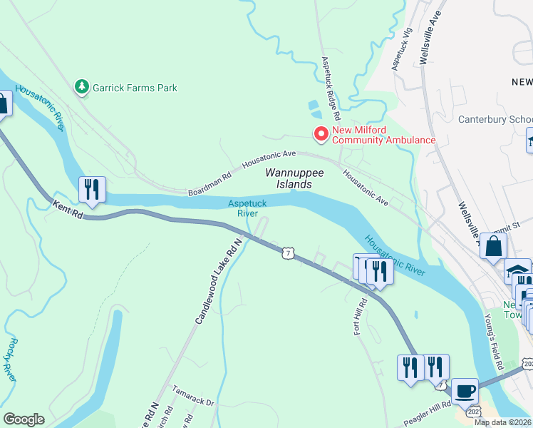 map of restaurants, bars, coffee shops, grocery stores, and more near 16 Riverview Court in New Milford
