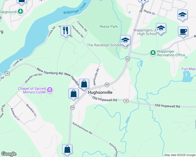 map of restaurants, bars, coffee shops, grocery stores, and more near 14 Marlorville Road in Wappingers Falls
