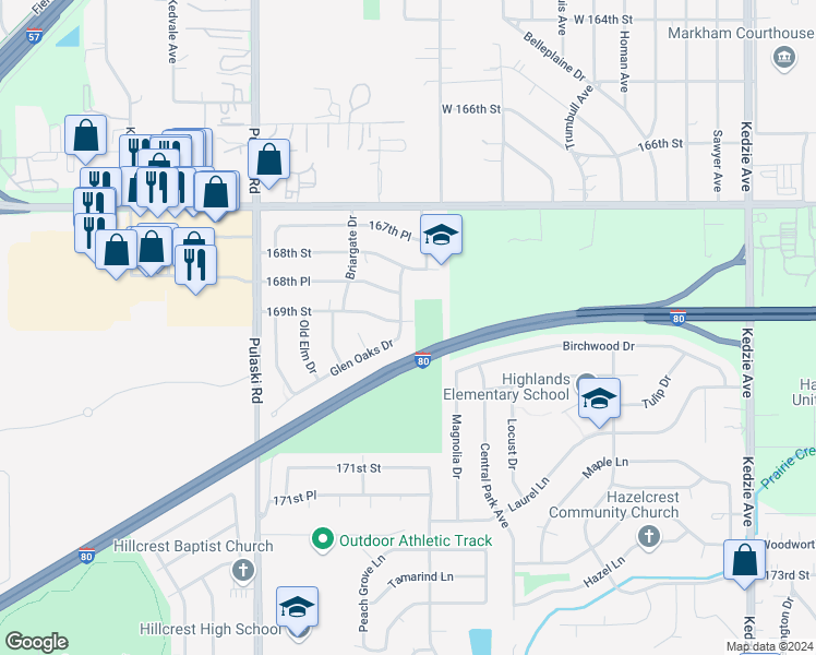 map of restaurants, bars, coffee shops, grocery stores, and more near 3701 169th Street in Country Club Hills