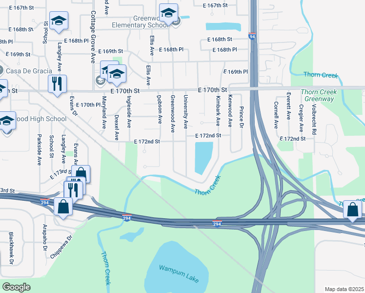 map of restaurants, bars, coffee shops, grocery stores, and more near 17205 University Avenue in South Holland