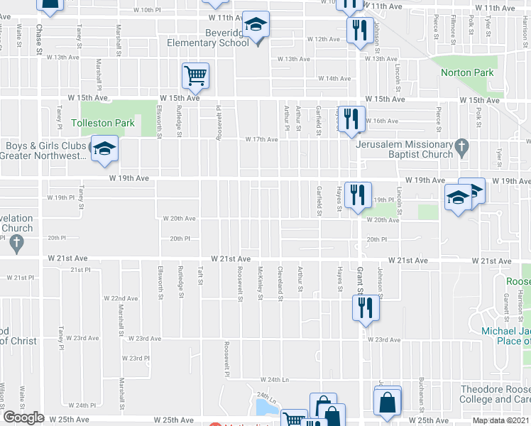 map of restaurants, bars, coffee shops, grocery stores, and more near 1983 Mckinley Street in Gary