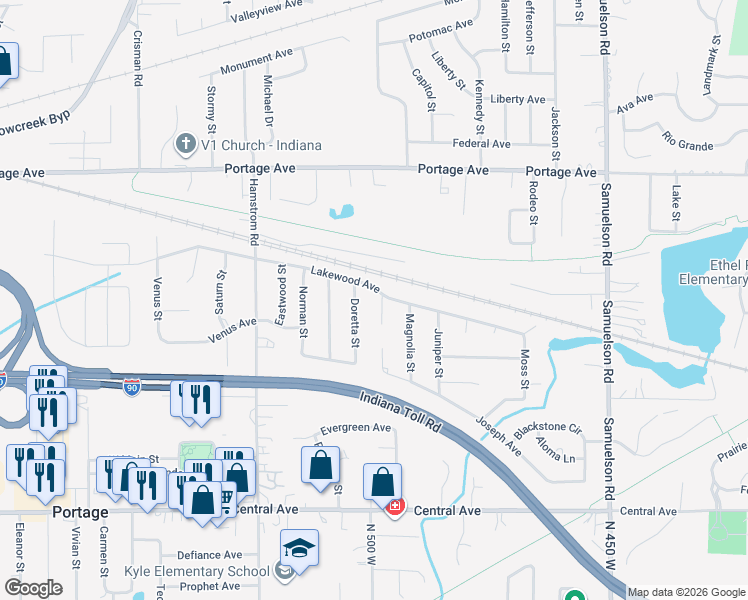 map of restaurants, bars, coffee shops, grocery stores, and more near 6515 Lakewood Avenue in Portage