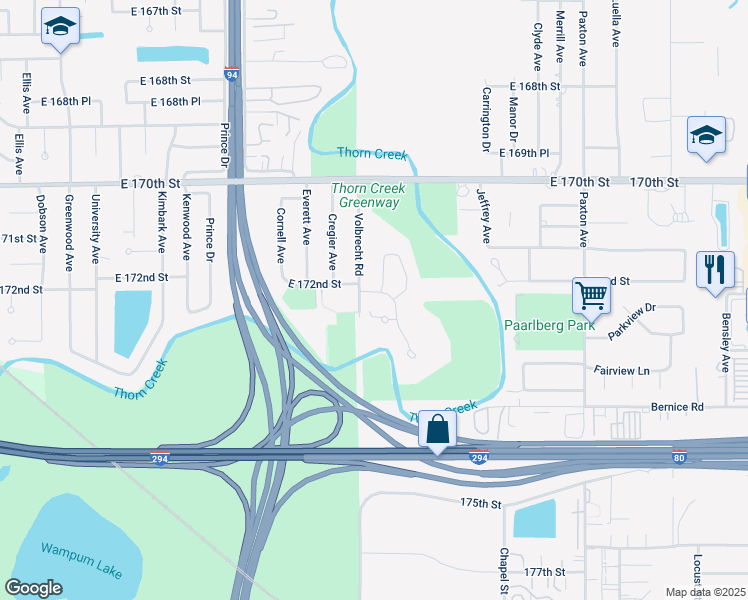 map of restaurants, bars, coffee shops, grocery stores, and more near 17200 Constance Avenue in South Holland