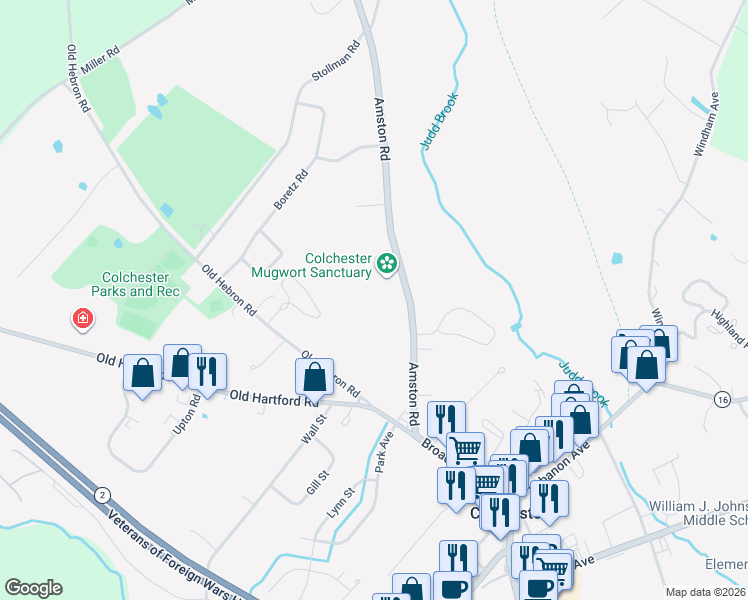 map of restaurants, bars, coffee shops, grocery stores, and more near 163 Amston Road in Colchester
