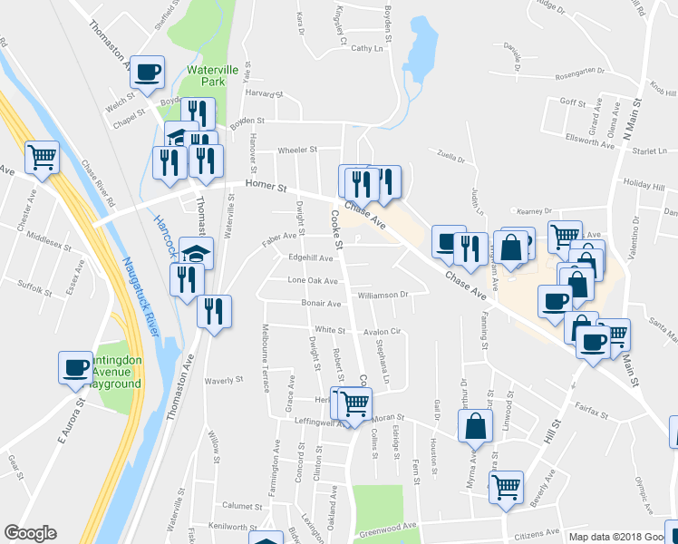 map of restaurants, bars, coffee shops, grocery stores, and more near 921 Cooke Street in Waterbury