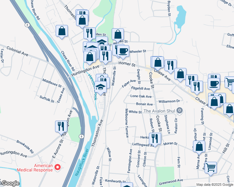map of restaurants, bars, coffee shops, grocery stores, and more near 59 Faber Avenue in Waterbury