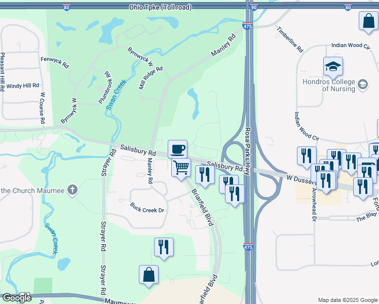map of restaurants, bars, coffee shops, grocery stores, and more near 6538 Salisbury Road in Maumee