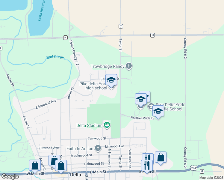 map of restaurants, bars, coffee shops, grocery stores, and more near 605 Taylor Street in Delta