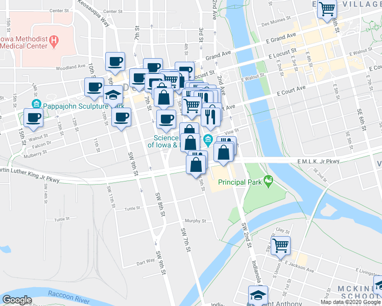 map of restaurants, bars, coffee shops, grocery stores, and more near 110 Southwest 5th Street in Des Moines