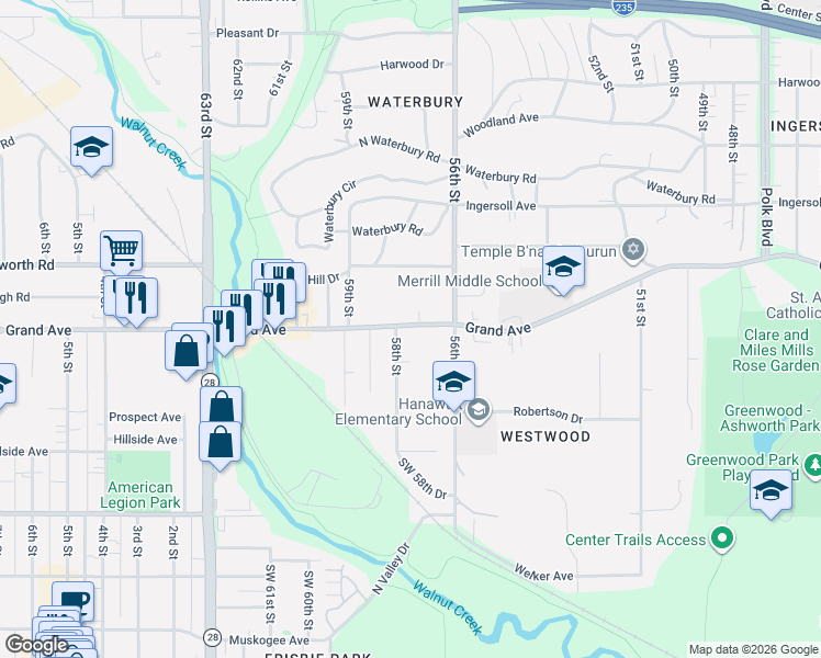 map of restaurants, bars, coffee shops, grocery stores, and more near 5715 Grand Avenue in Des Moines
