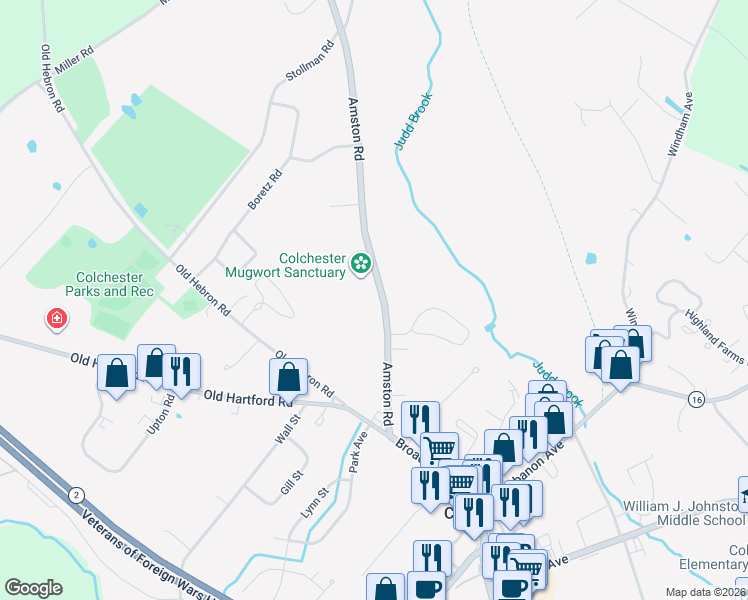 map of restaurants, bars, coffee shops, grocery stores, and more near 163 Amston Road in Colchester