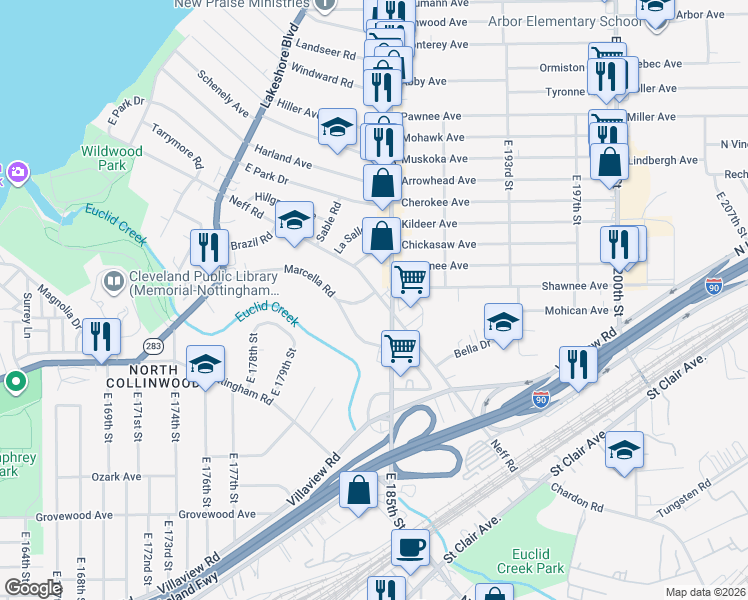 map of restaurants, bars, coffee shops, grocery stores, and more near in Cleveland